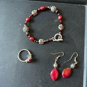 EUC bracelet, earrings and ring set. Red and silver.